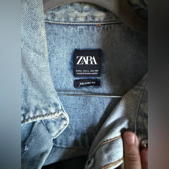 Zara men's light blue distressed denim western-style overshirt size Large - Picture 4 of 4